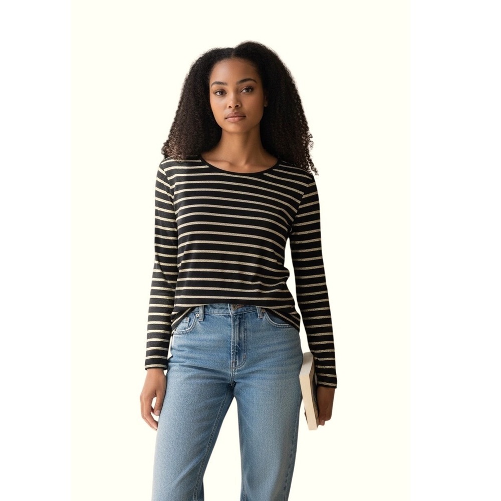 Lauren Ralph Lauren Black Metallic Gold Stripe‎ Sweater Pullover Size L